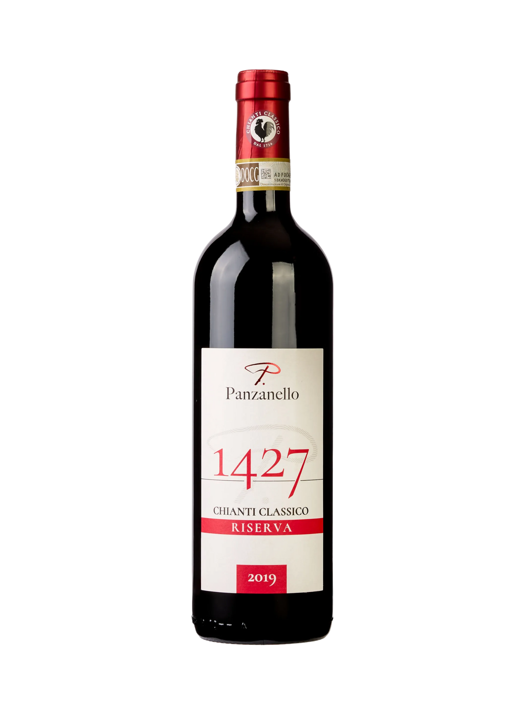 Bottiglia di Chianti Classico Riserva 1427 Panzanello 2020, vino rosso biologico toscano premium dal 1427 con Sangiovese e Cabernet
